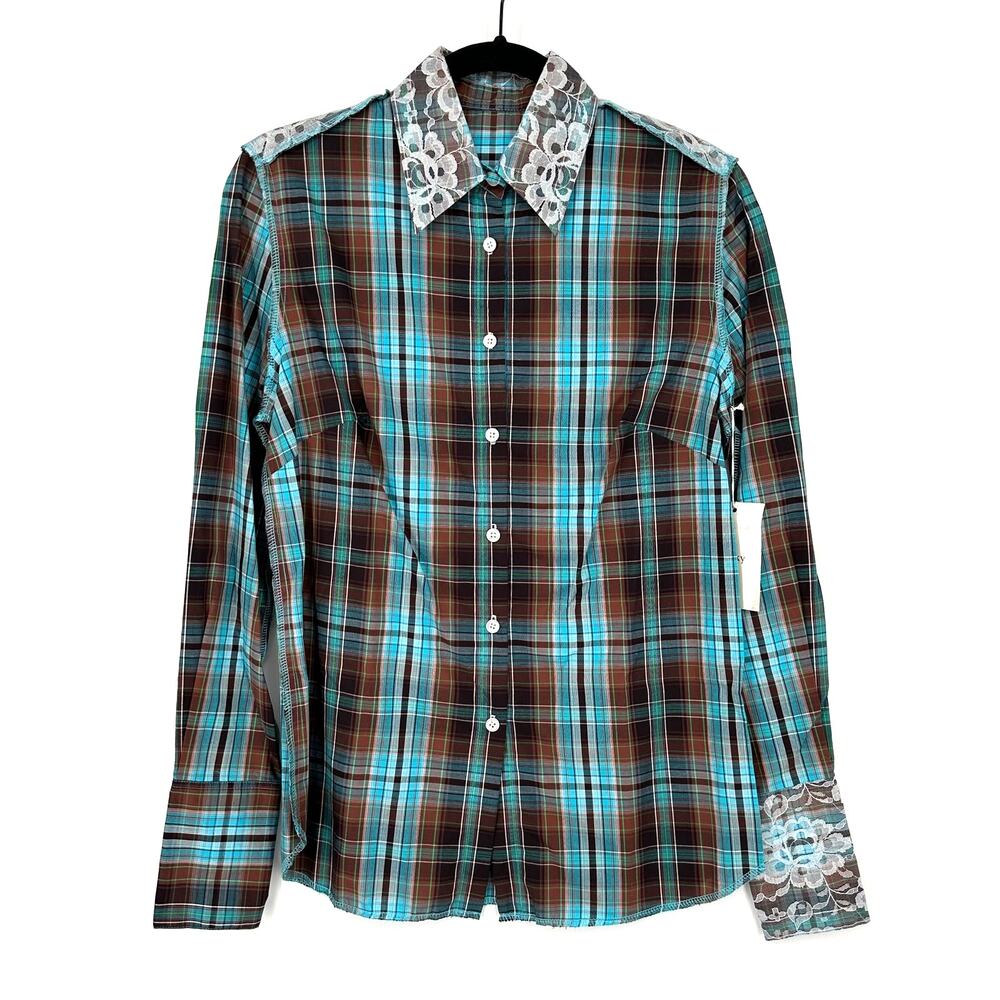 Ears of Buddha Shirt Womens Small Blue Plaid Lace Franky Hand Sewn Sustainable